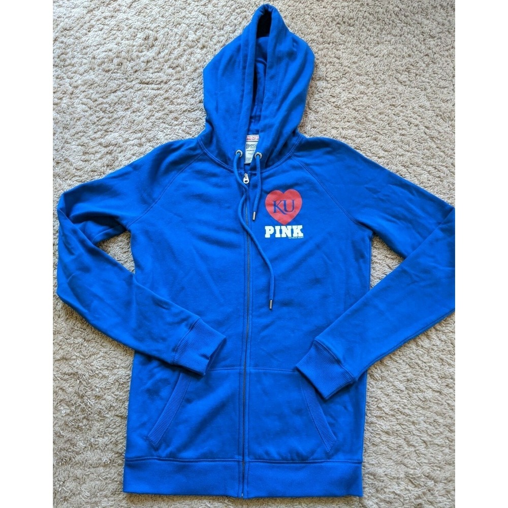 Victorias Secret PINK KU Kansas Jayhawks Full Zip Hoodie Womens Sz S Jacket Y2K